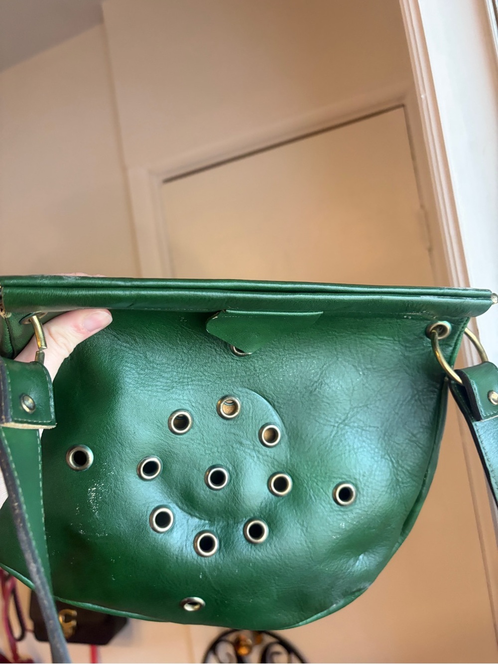 FREE with purchase! Vintage Green Leather Crossbody Bag with Eyelet Detail - Picture 4 of 14